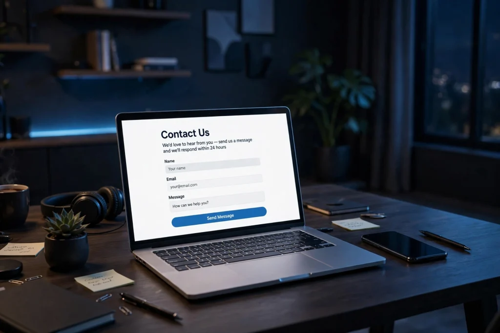Laptop displaying a contact form, ready for new project inquiries
