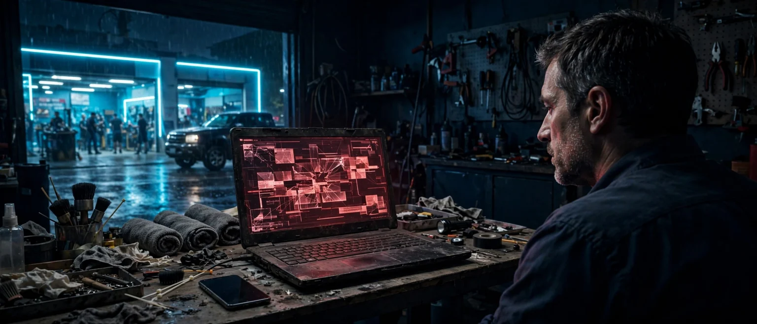 Shop owner at his workbench after hours, staring at his broken website while the shop across the street stays busy